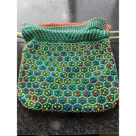 Vtg 1950's Candy Dot Beaded Drawstring Reversible Handbag Multi Colored Bakelite - Picture 8 of 10